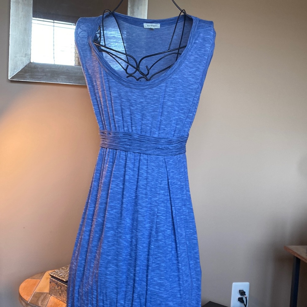 Max Studio, blue and white striped maxi dress.